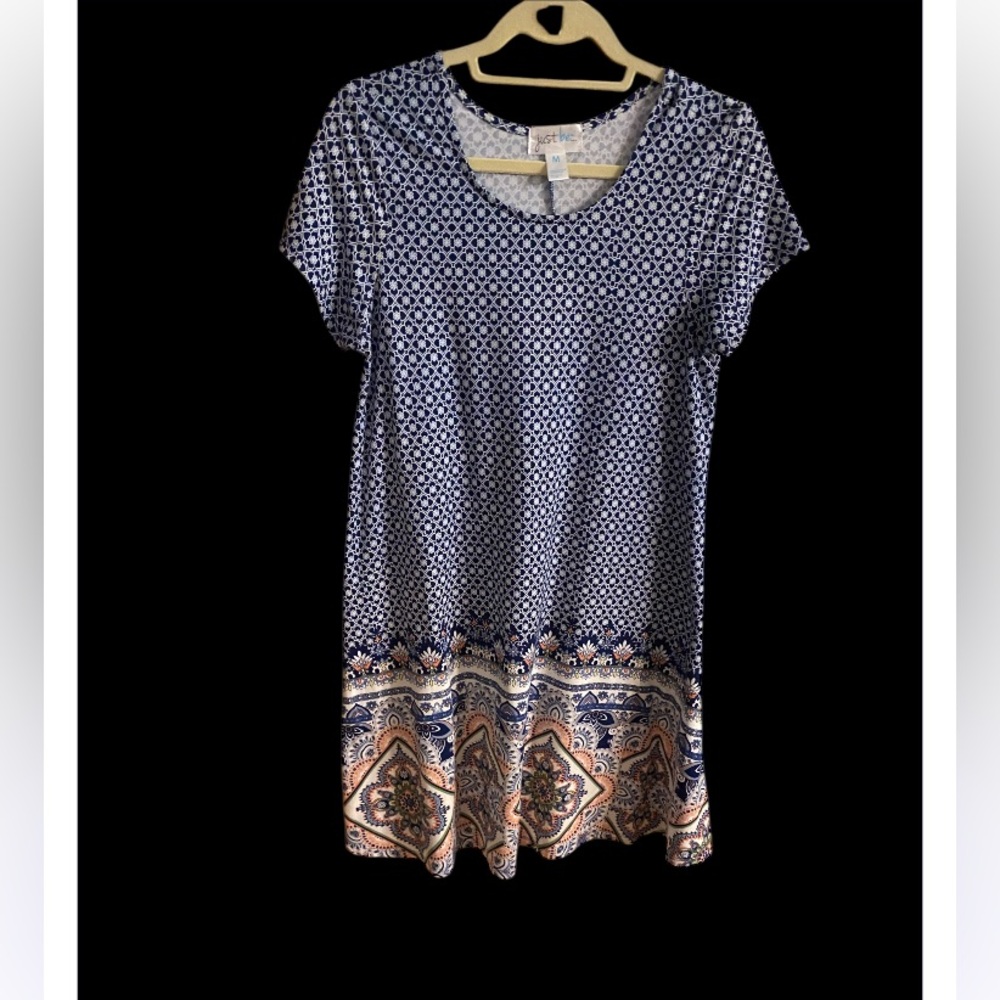 Just Be Blue & Orange geometric Patterned Short Sleeve Dress. Size medium. - Picture 2 of 10